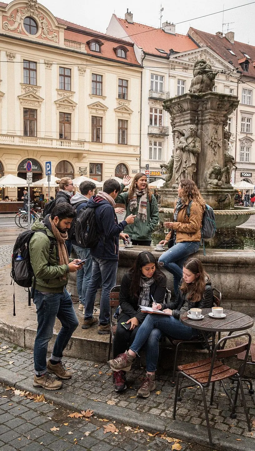 HistorickГЅ pamГЎtnГ­k obklopenГЅ stromy a laviДЌkami pro odpoДЌinek.