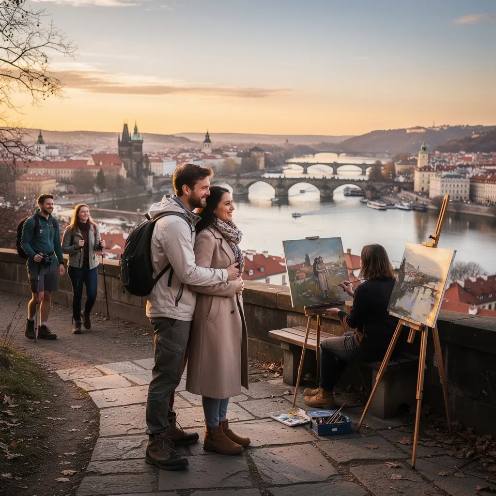 ZГЎbД›r na starou kamennou uliДЌku s modernГ­mi kavГЎrnami po stranГЎch.