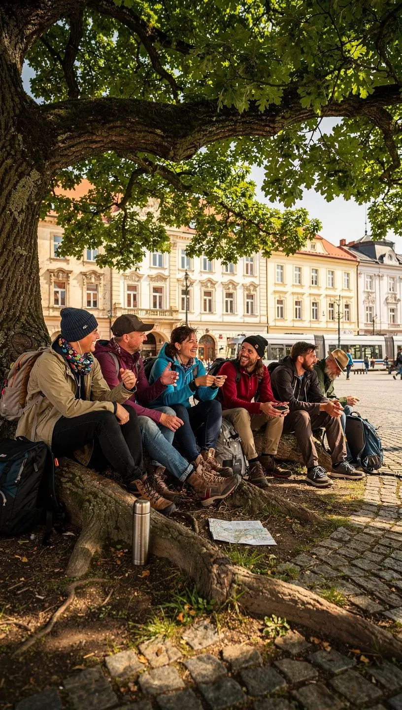 MД›stskГЎ stezka s historickГЅmi budovami a zelenГ­ v pozadГ­.